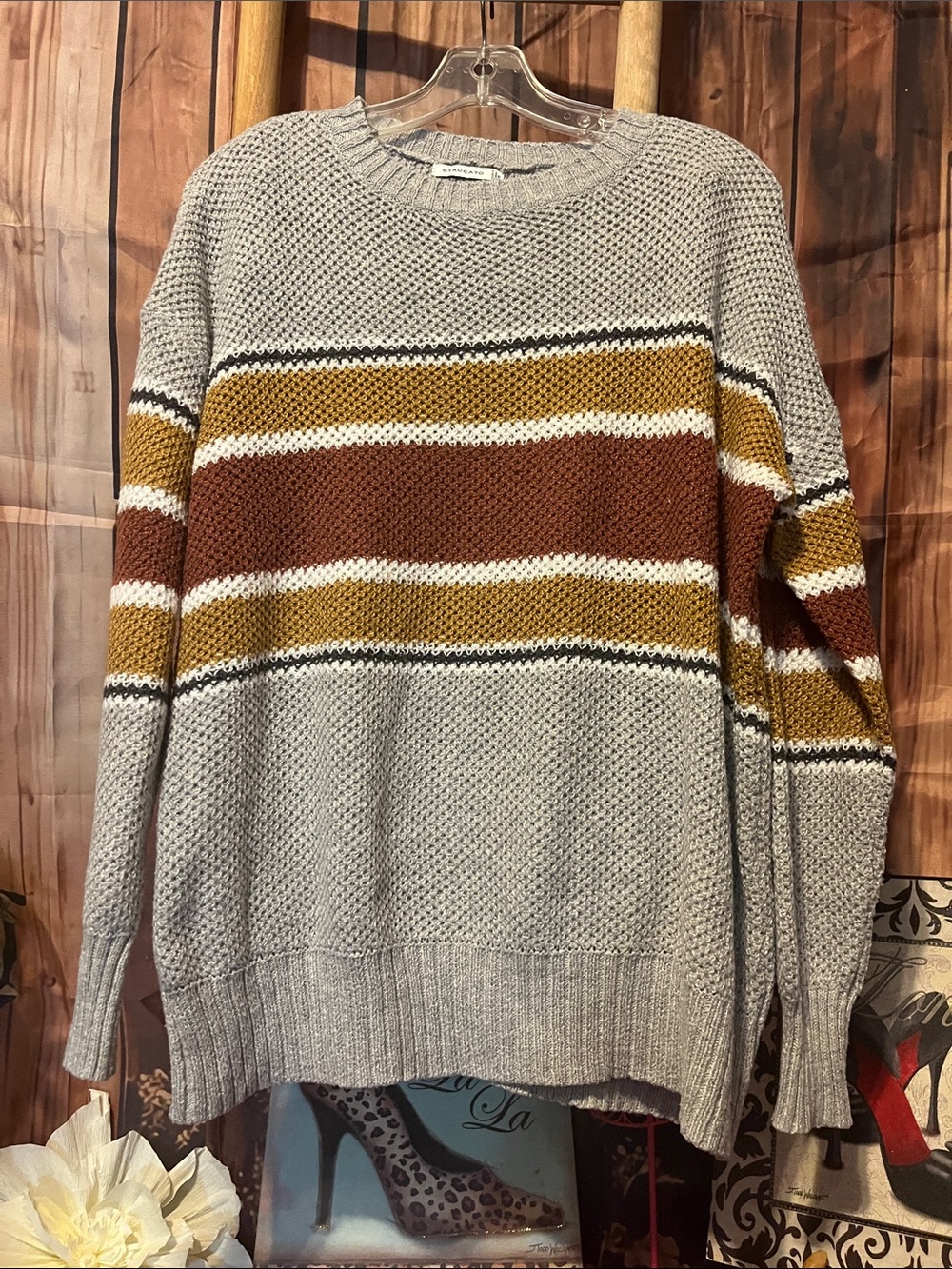 Staccato Gray Crewneck Sweater with Mustard, Brown & White Stripes